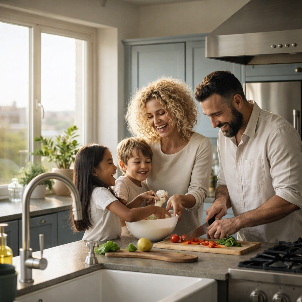 Family cooking together in a modern kitchen